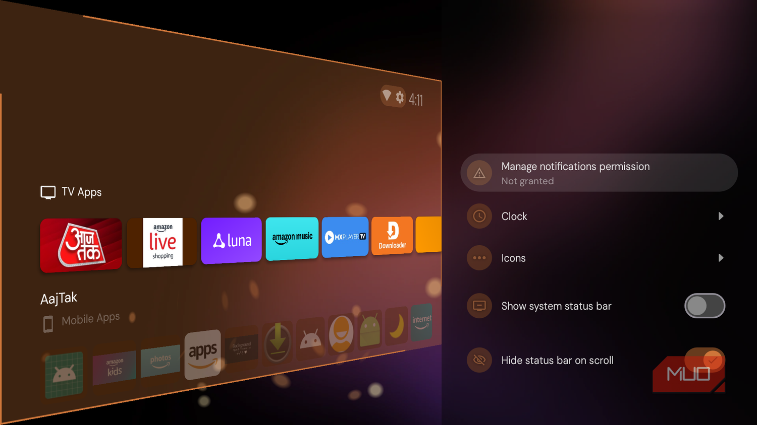 Projectivy Launcher status bar settings on Fire TV