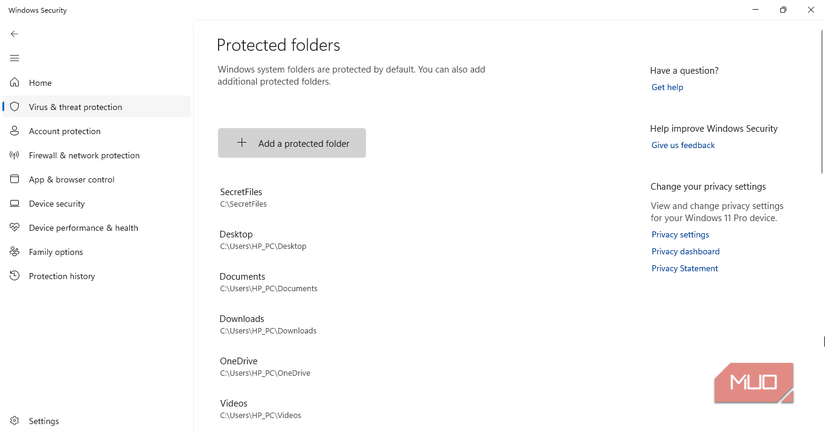 Окно настроек контролируемого доступа к папкам в безопасности Windows