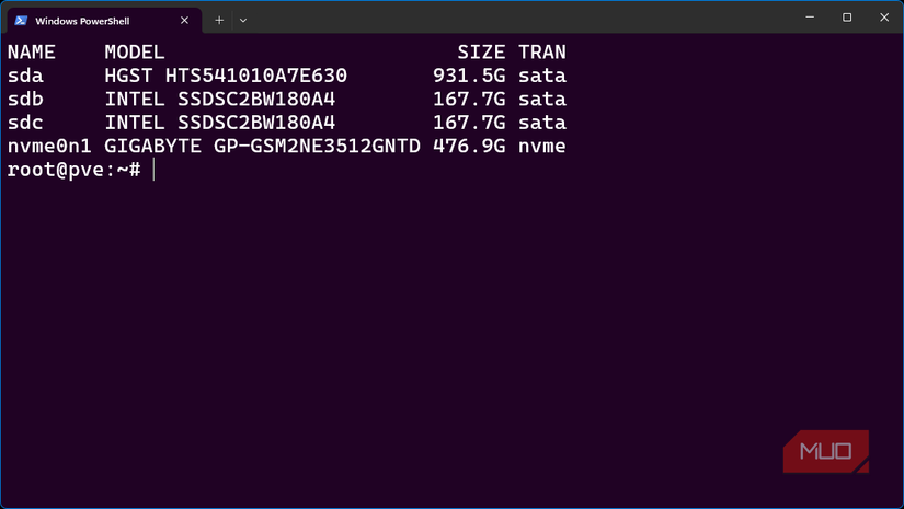 Proxmox terminal listing the Gigabyte NVMe SSD with 476.9 GiB capacity alongside three SATA drives