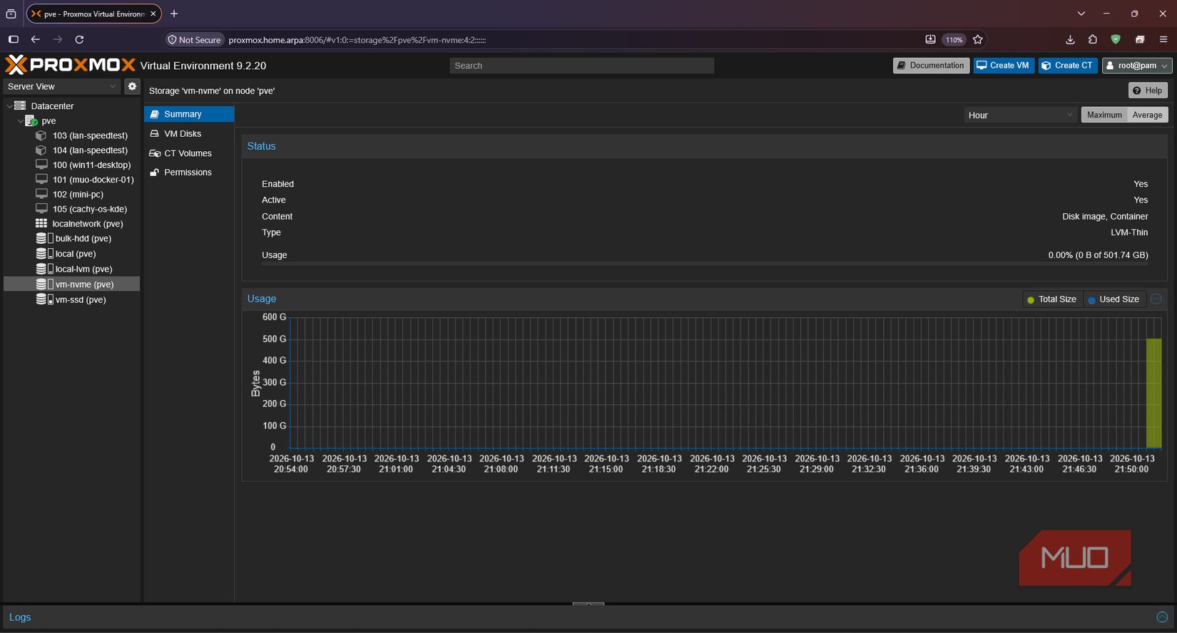 Proxmox summary showing the active vm-nvme storage pool with approximately 501.74GB of capacity