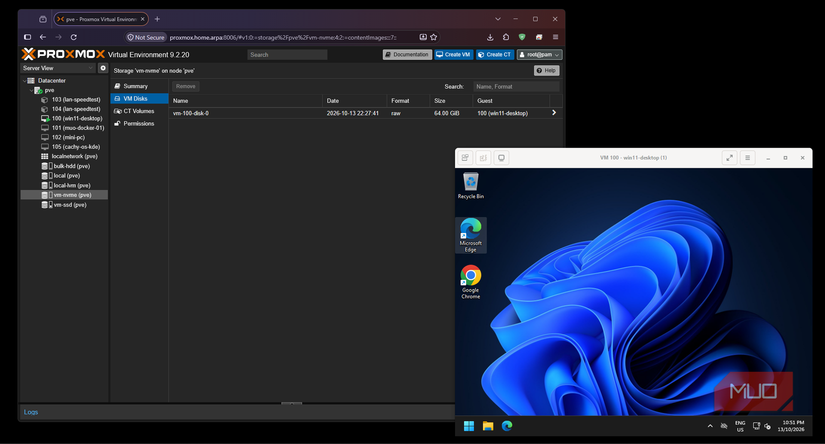 Proxmox listing the Windows VM’s 64 GiB disk on vm-nvme storage beside its running Windows 11 desktop