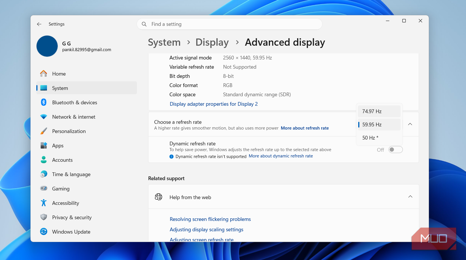 Refresh rate settings in Windows 11