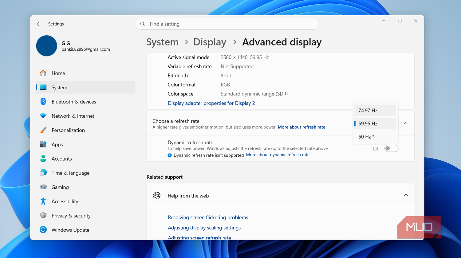 Refresh rate settings in Windows 11