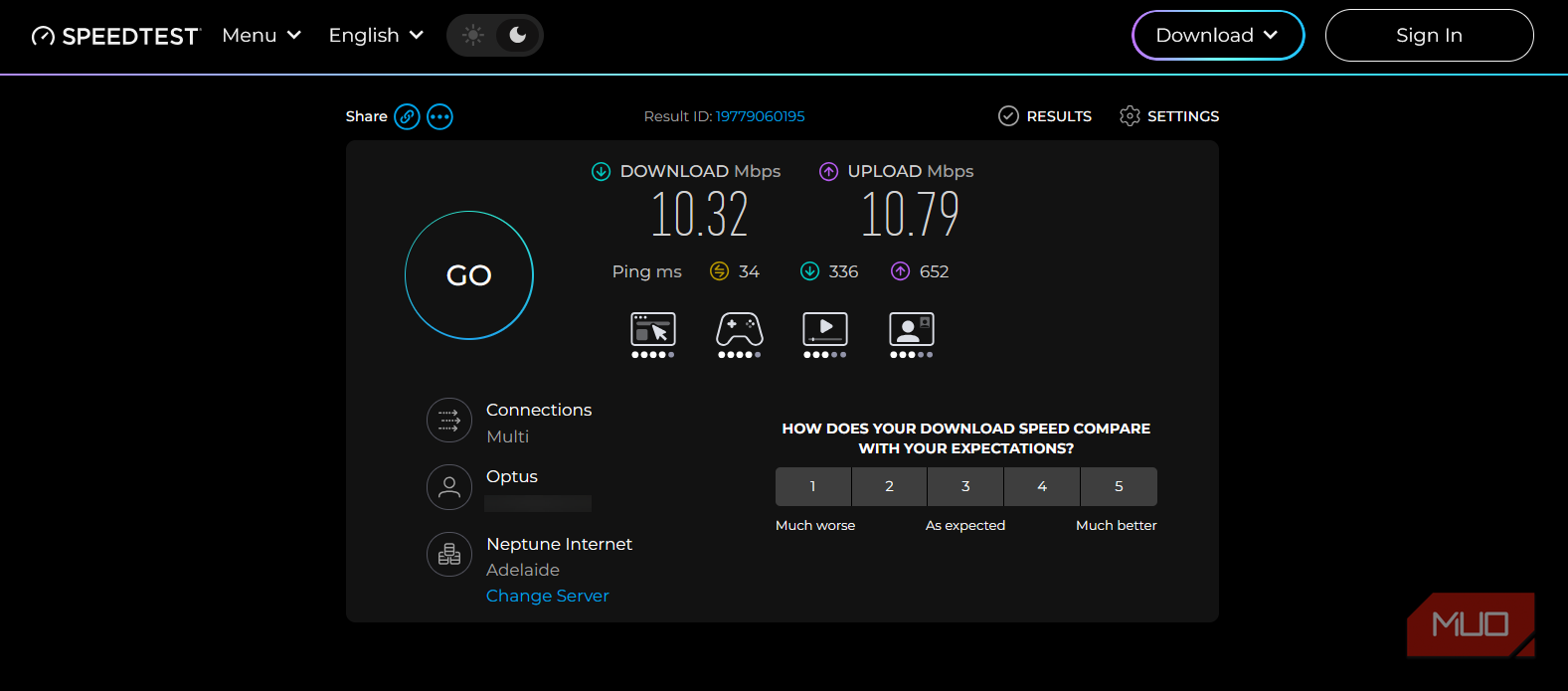 Ookla Speedtest results showing 10.32 Mbps download, 10.79 Mbps upload, and loaded upload latency of 652 ms