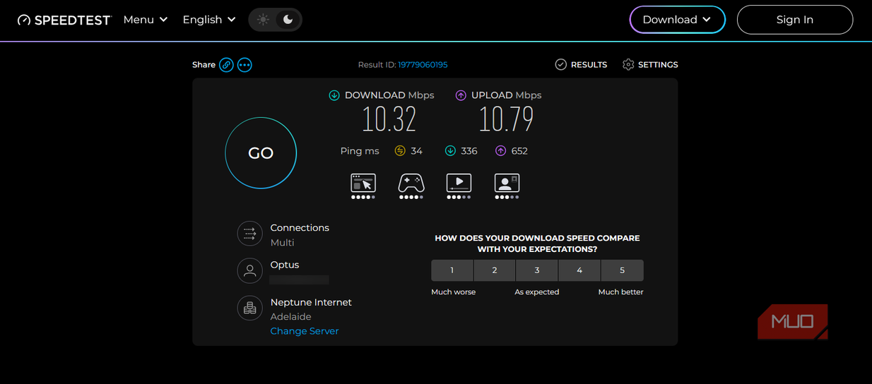 Ookla Speedtest results showing 10.32 Mbps download, 10.79 Mbps upload, and loaded upload latency of 652 ms