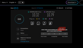 Ookla Speedtest results showing 10.32 Mbps download, 10.79 Mbps upload, and loaded upload latency of 652 ms