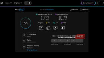 Ookla Speedtest results showing 10.32 Mbps download, 10.79 Mbps upload, and loaded upload latency of 652 ms