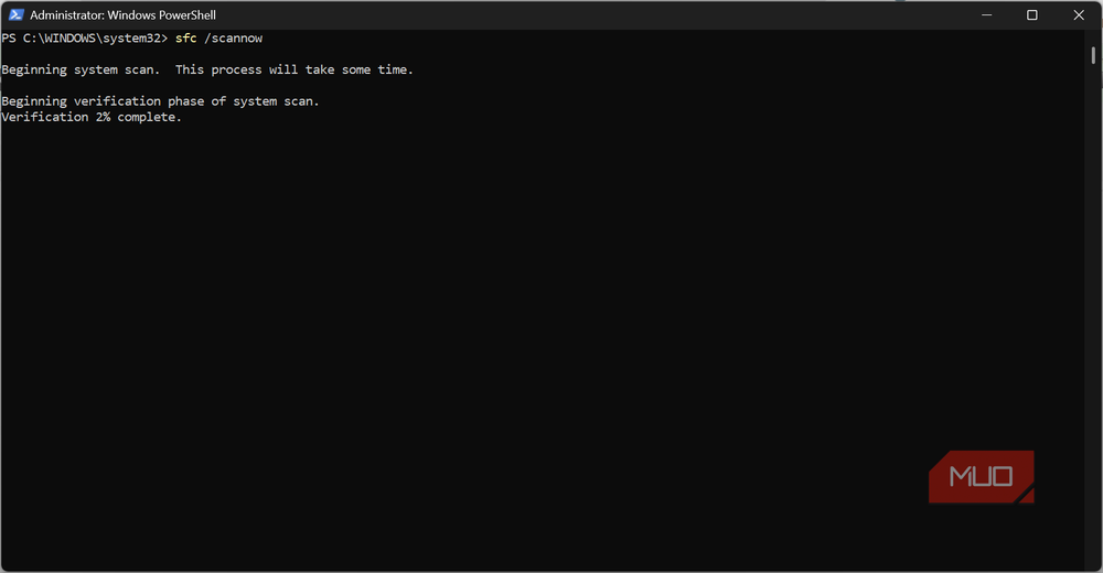 Запуск сканирования SFC для проверки системных файлов в PowerShell