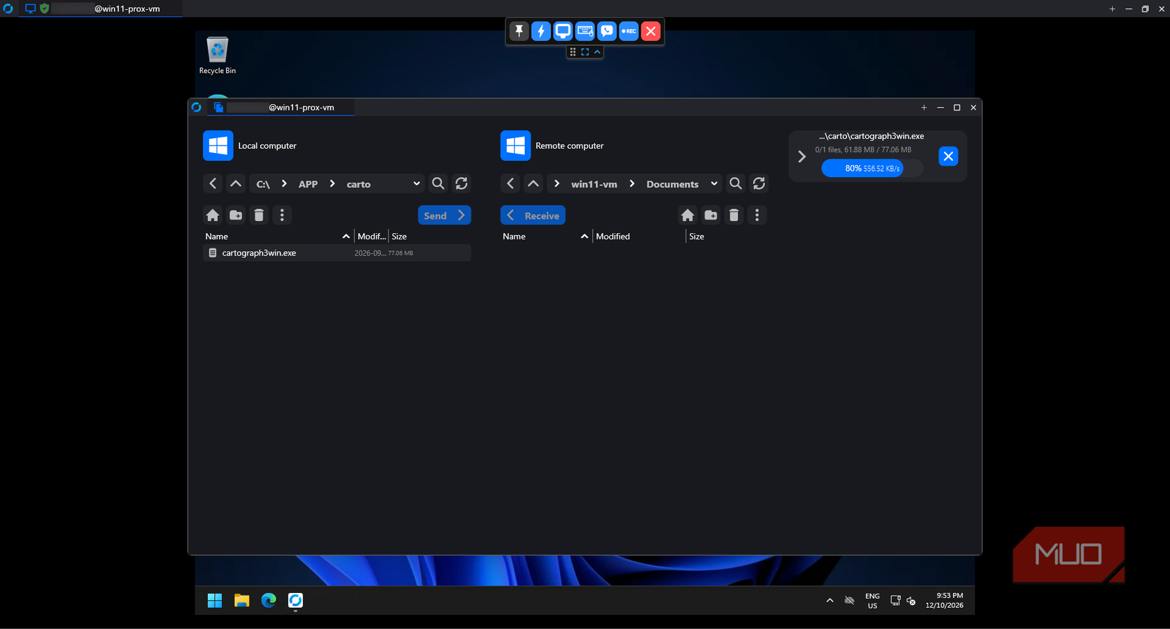 RustDesk file-transfer window uploading cartograph3win.exe to the remote Windows PC, with progress at 80 percent