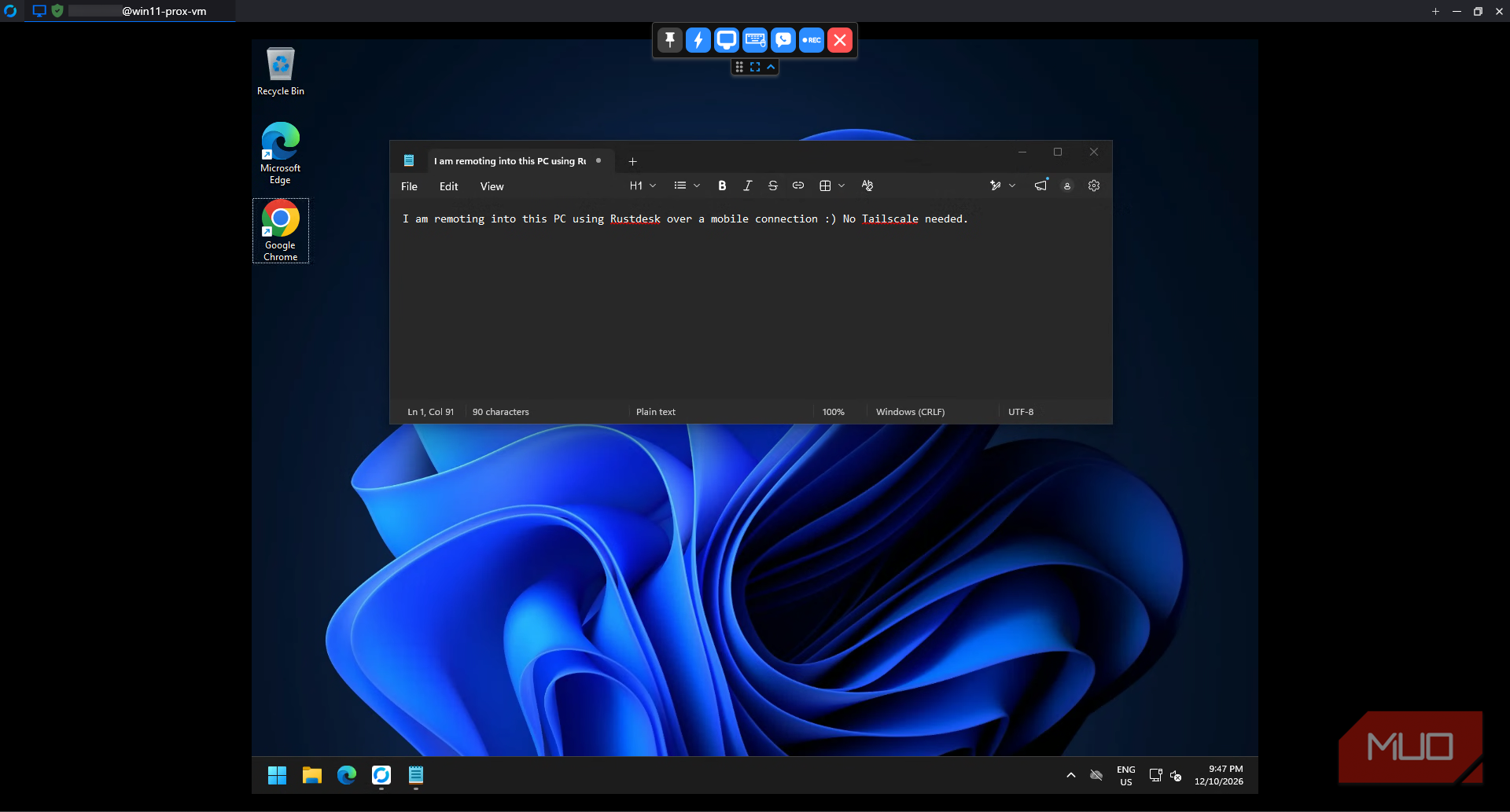 RustDesk displaying a remote Windows 11 desktop with Notepad open and the session toolbar visible