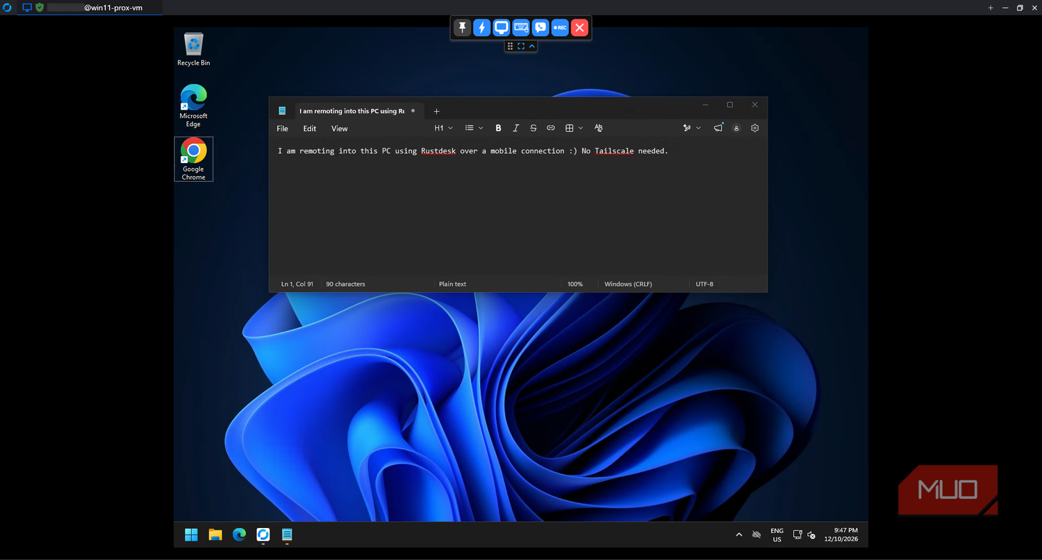 RustDesk displaying a remote Windows 11 desktop with Notepad open and the session toolbar visible