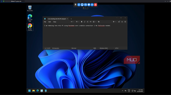 RustDesk displaying a remote Windows 11 desktop with Notepad open and the session toolbar visible