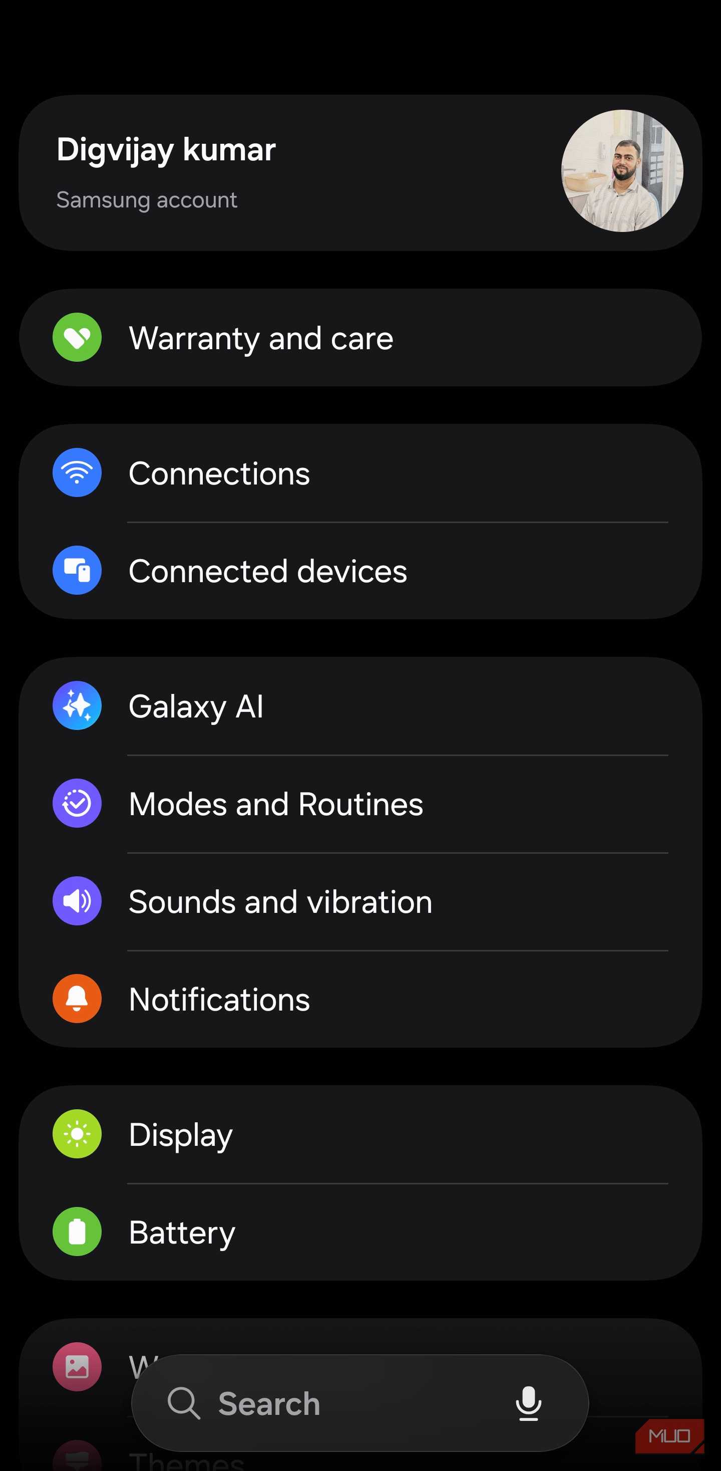 Samsung Galaxy main Settings app menu