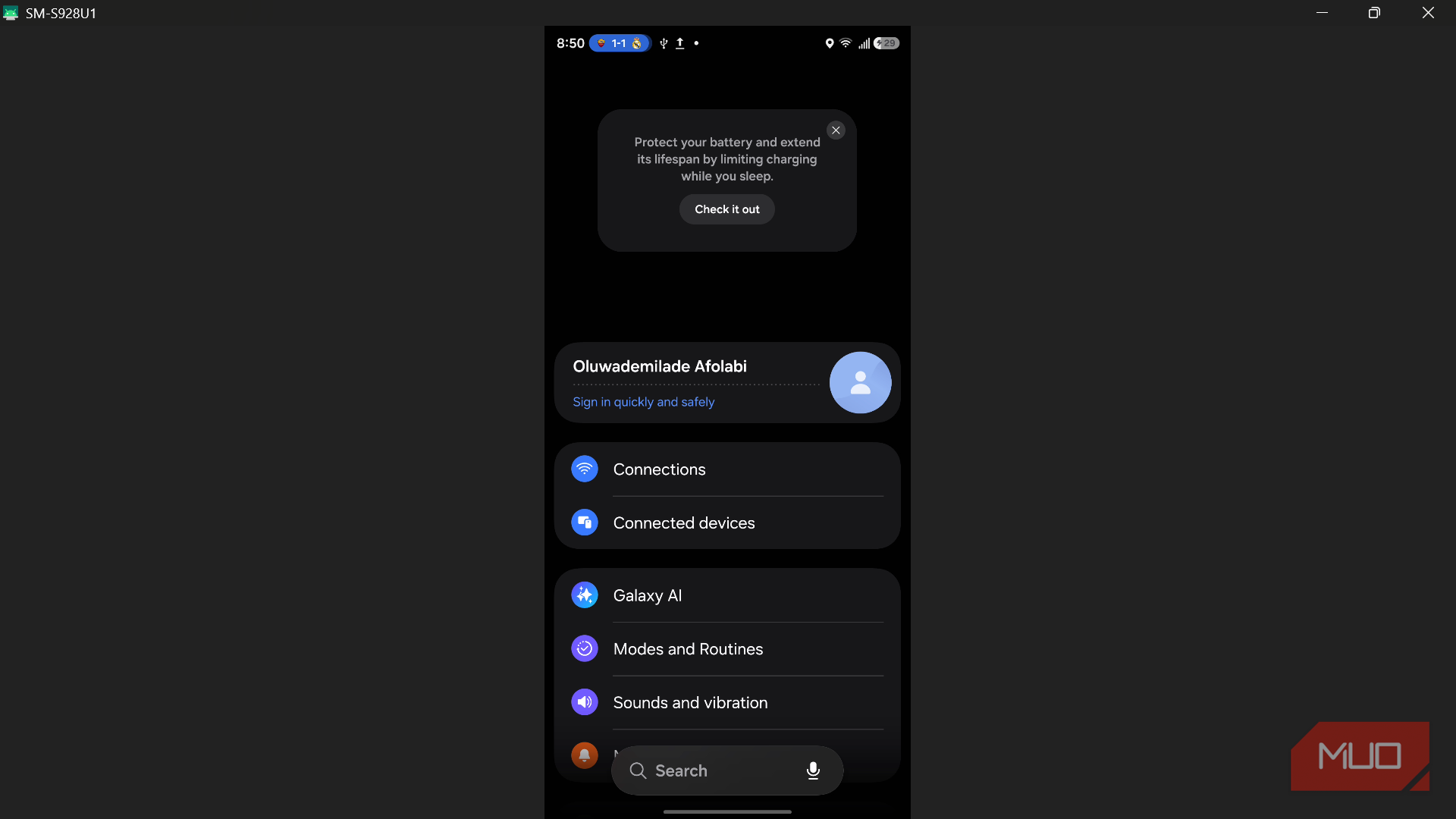 Настройки Android, отображаемые на экране компьютера через scrcpy