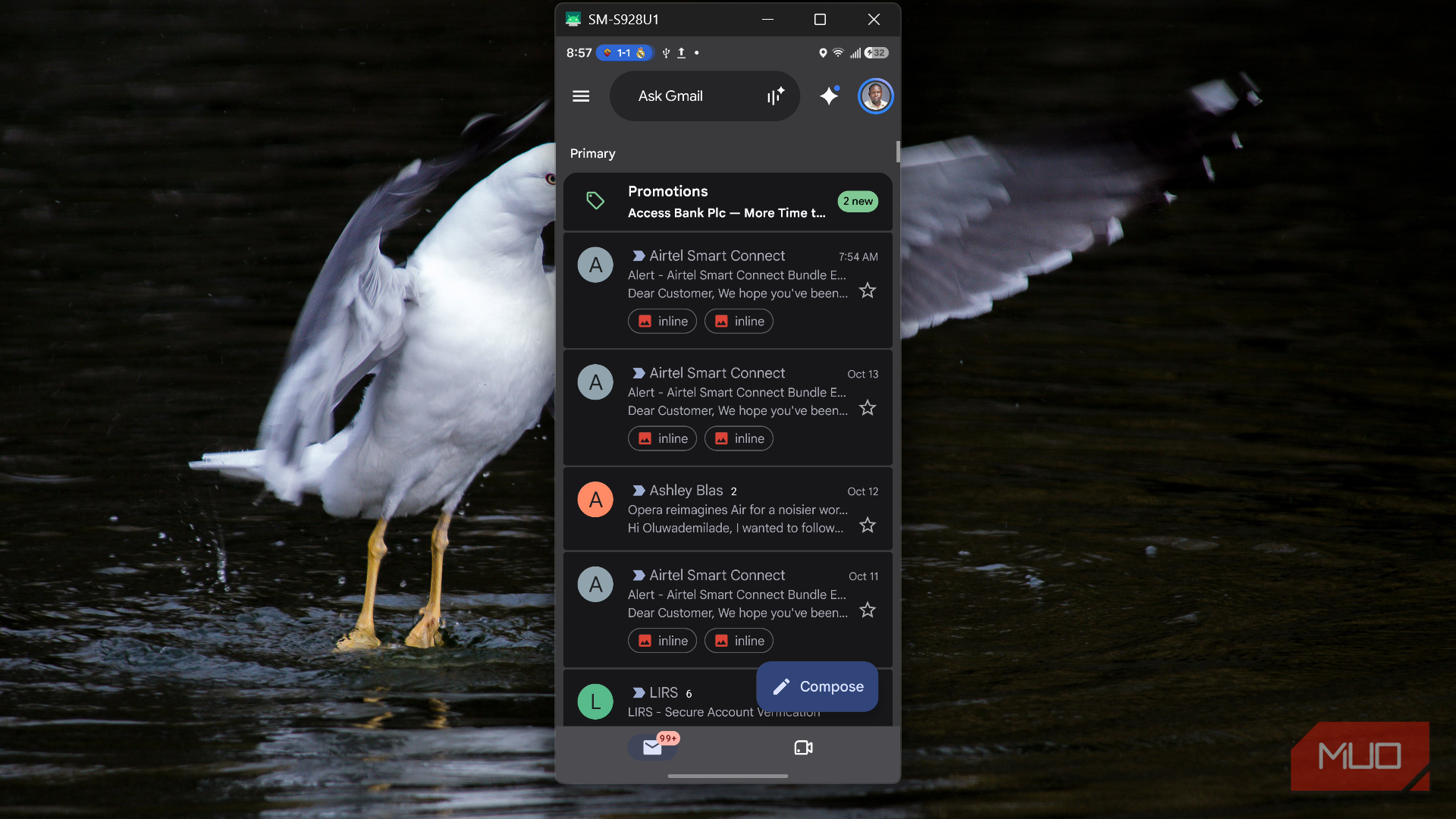 Мобильное приложение Gmail для Android работает на ПК через scrcpy
