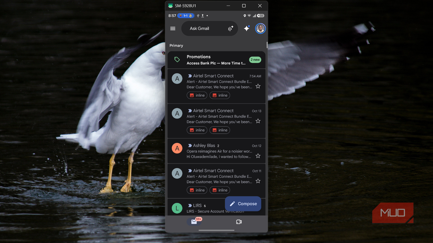 Приложения Android на ПК Мобильное приложение Gmail для Android работает на ПК через scrcpy