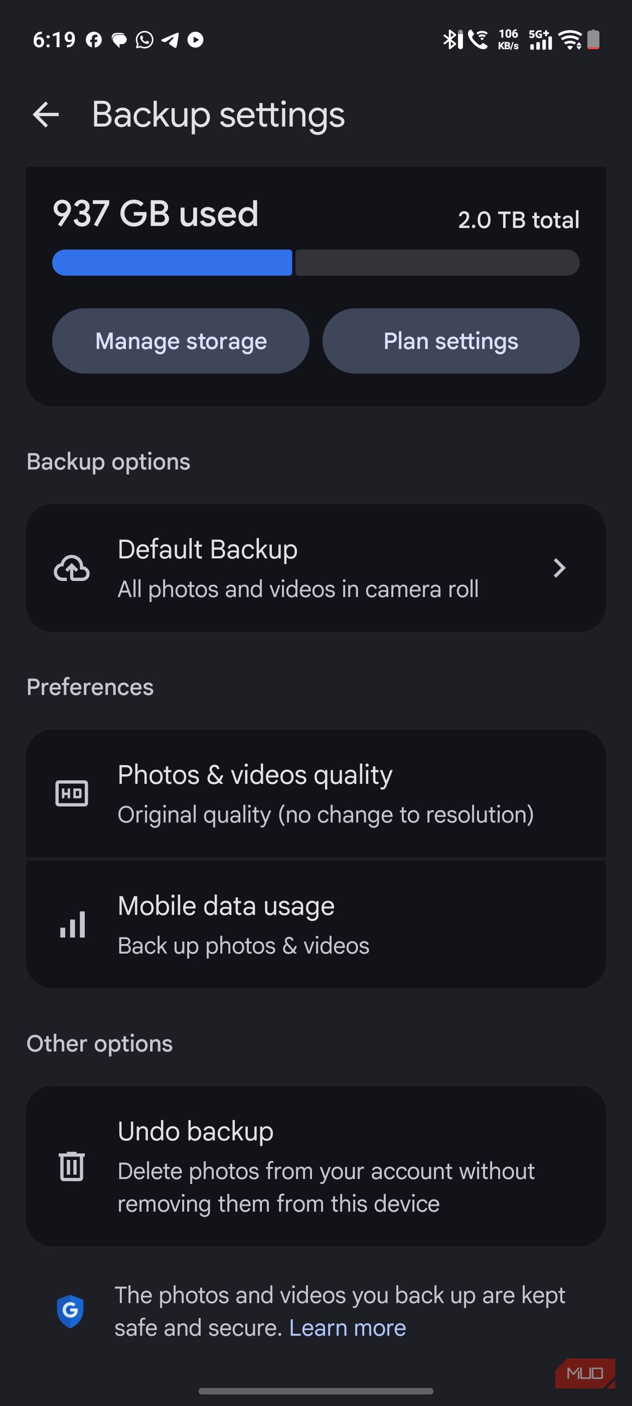 a screenshot of backup settings for google photos