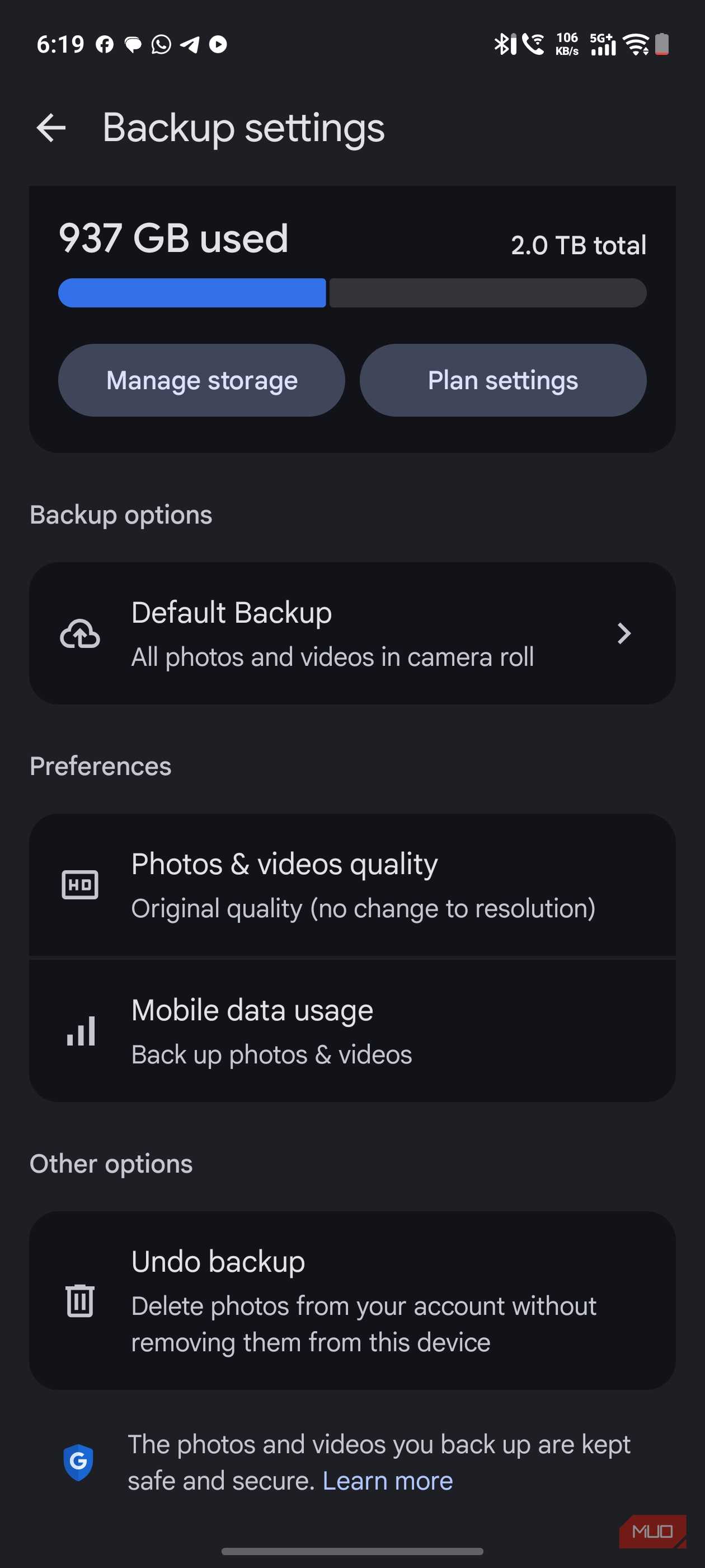 a screenshot of backup settings for google photos