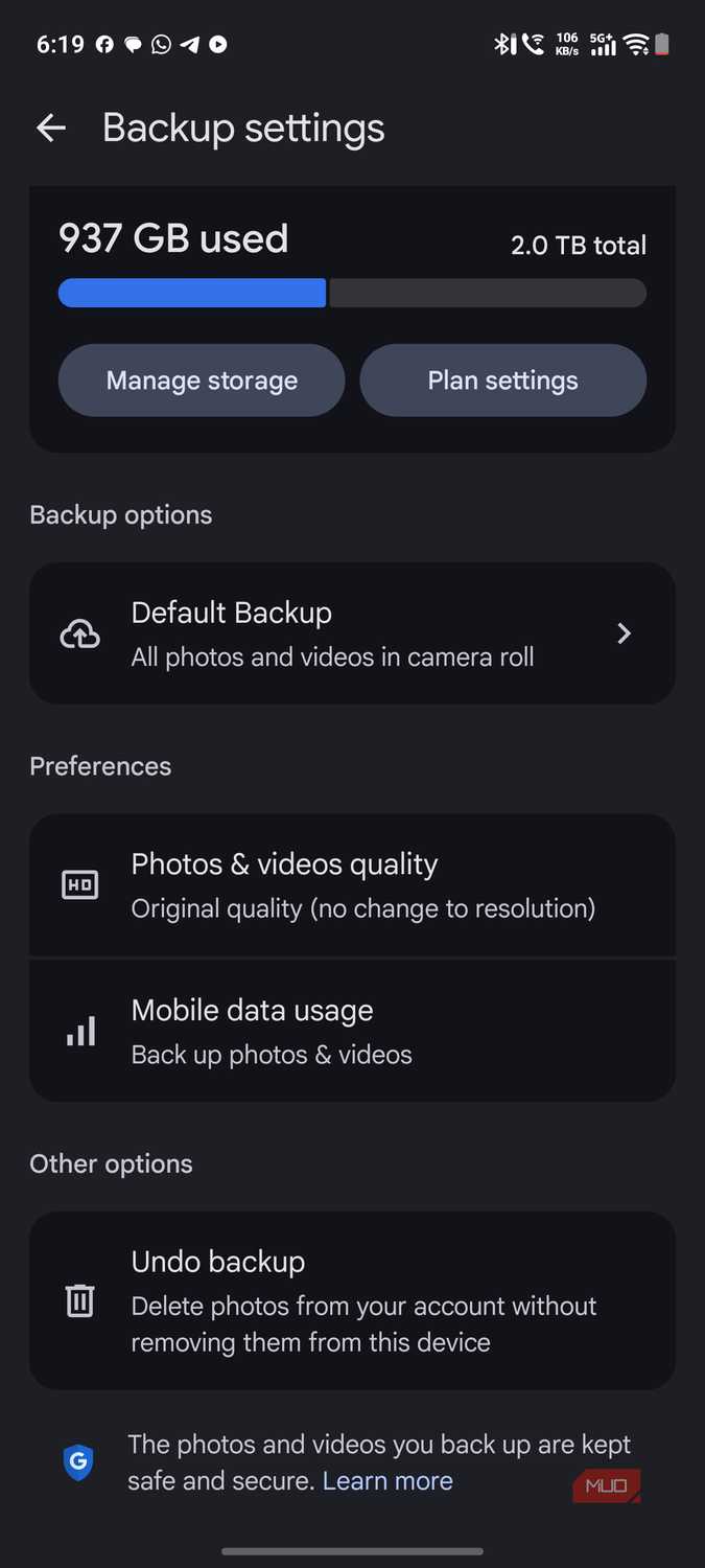 a screenshot of backup settings for google photos