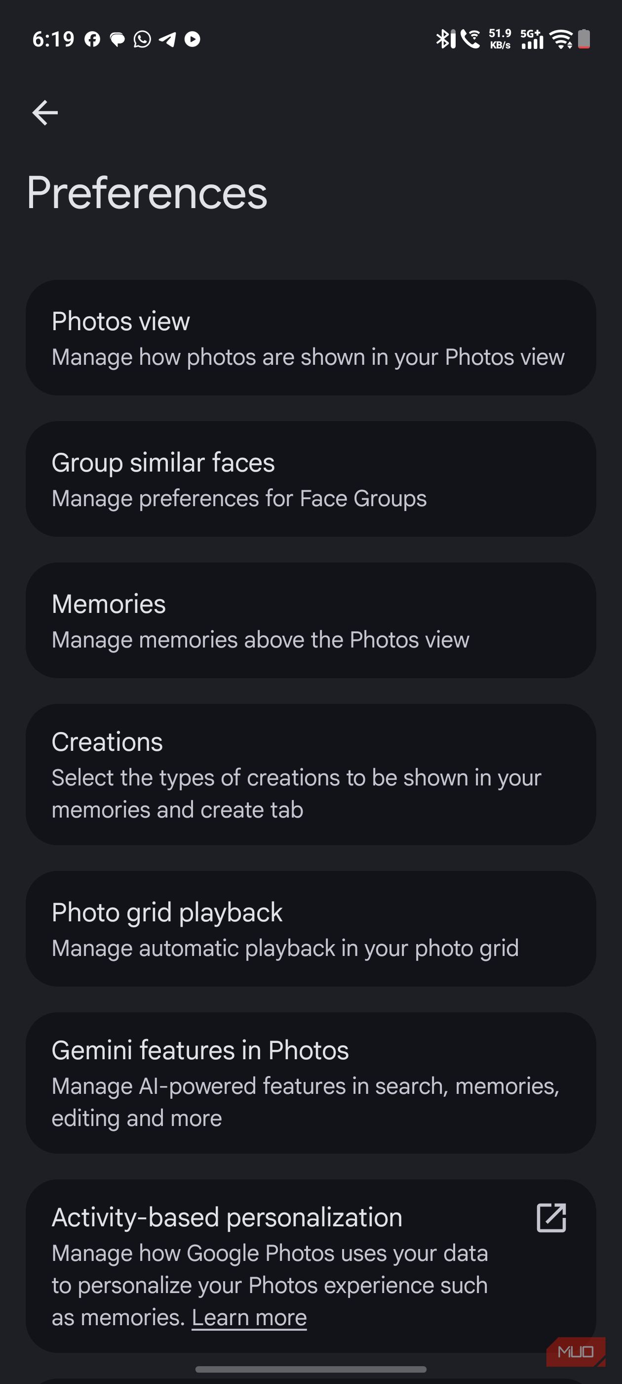 a screenshot of preferences settings for google photos