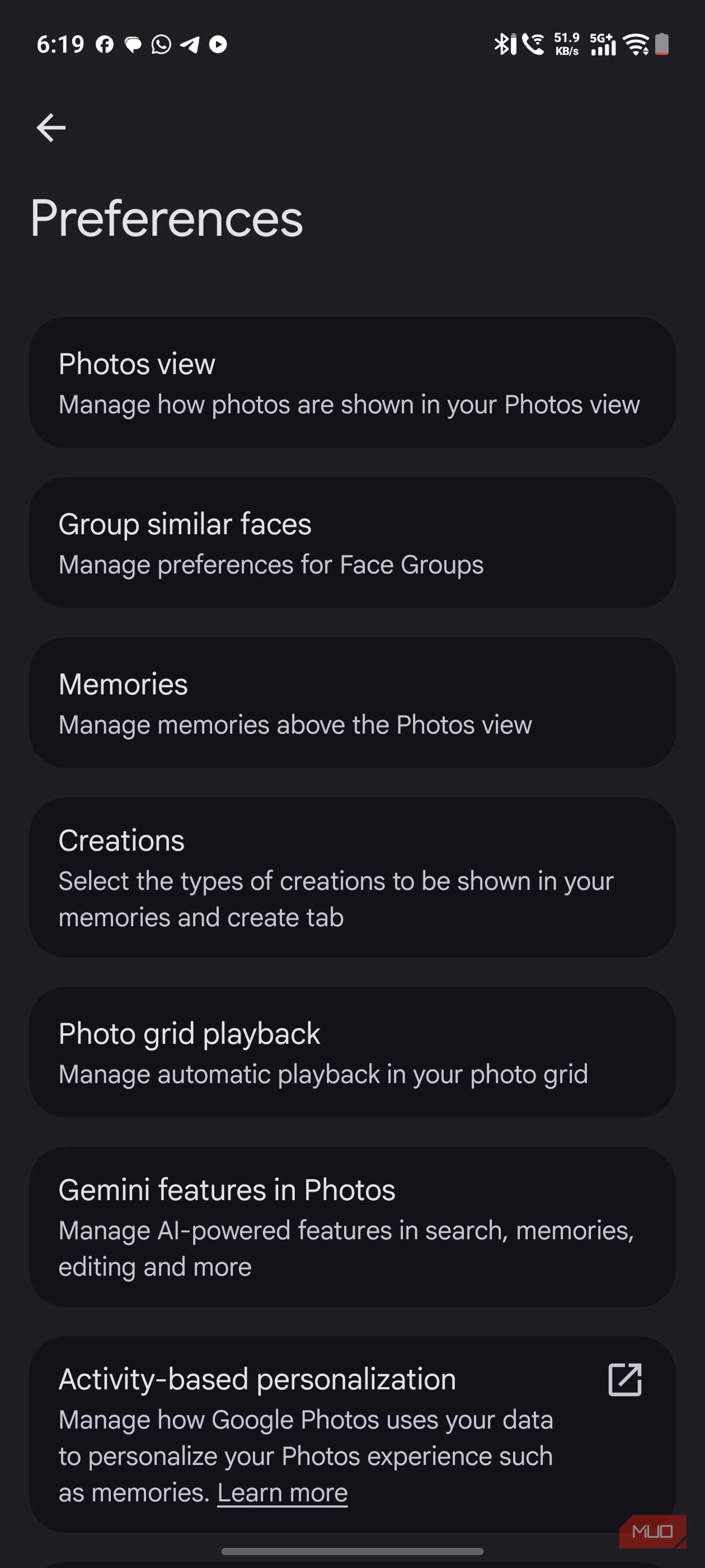 a screenshot of preferences settings for google photos
