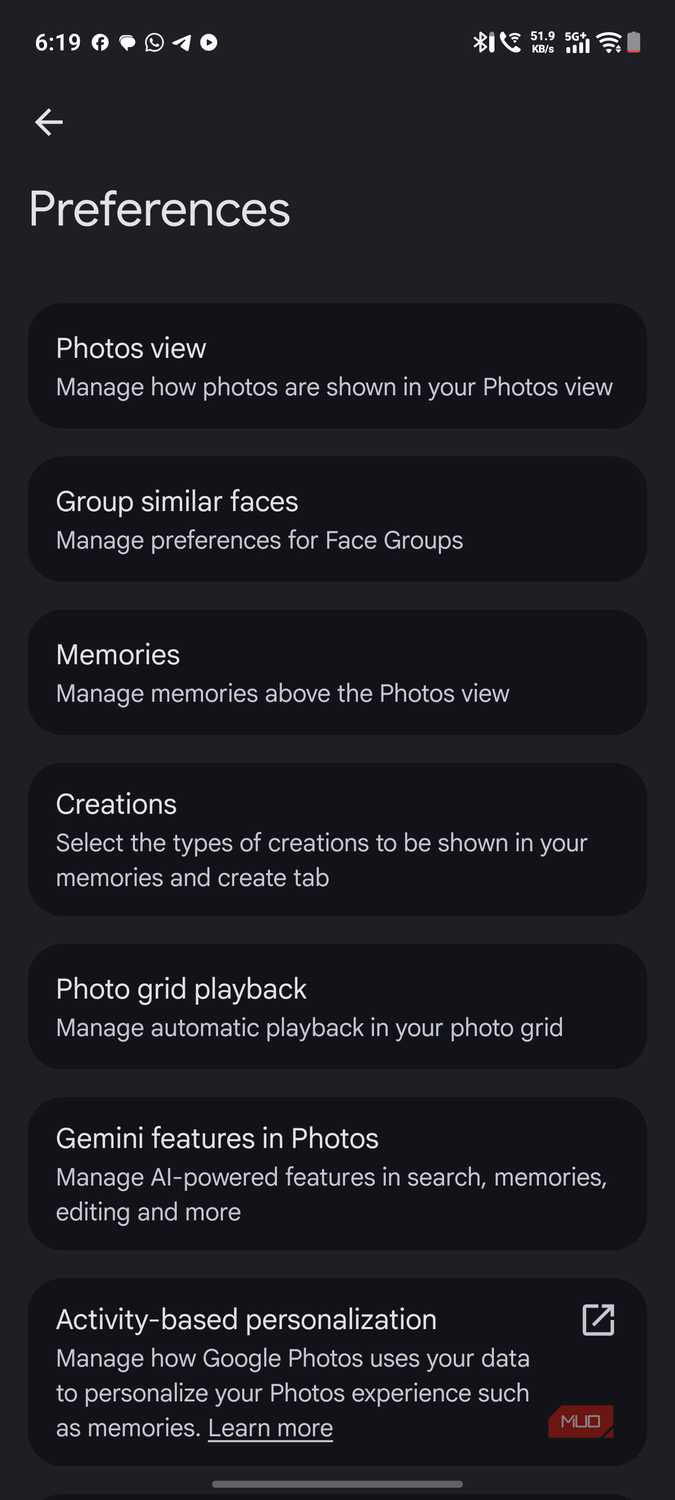 a screenshot of preferences settings for google photos