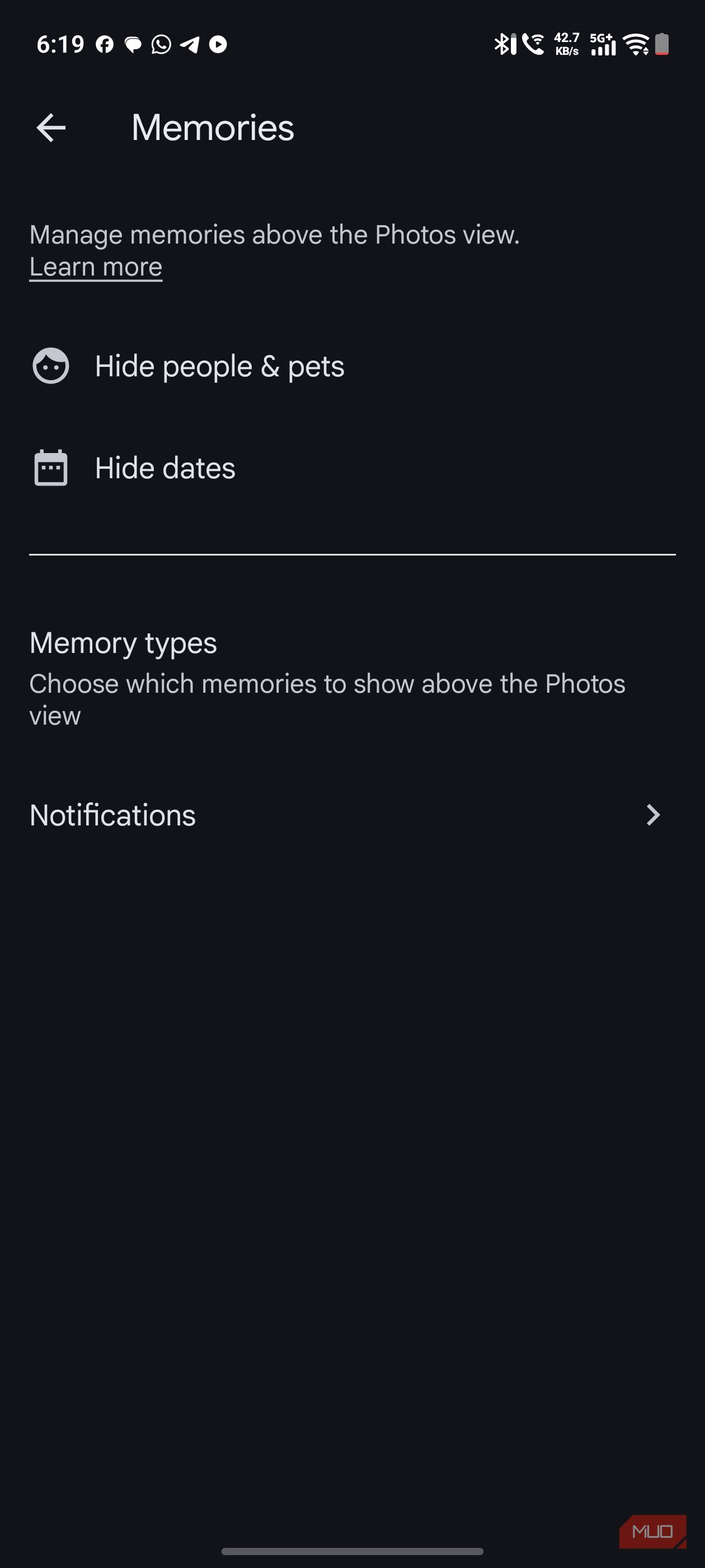a screenshot of memories options for google photos