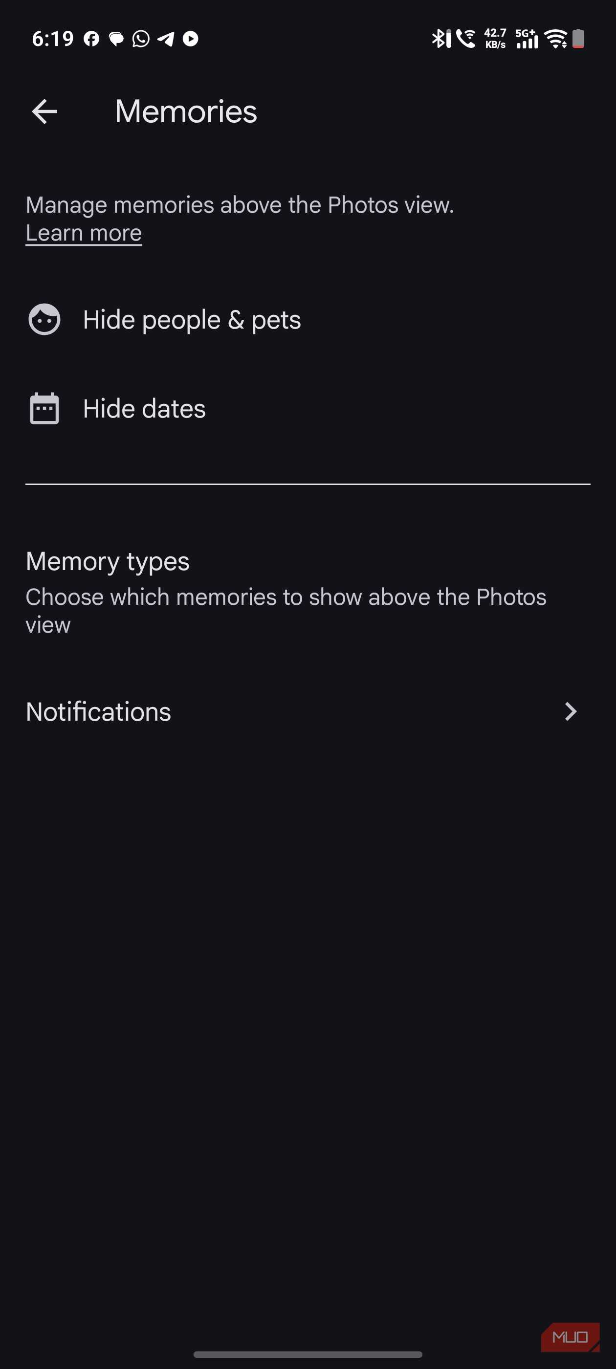 a screenshot of memories options for google photos