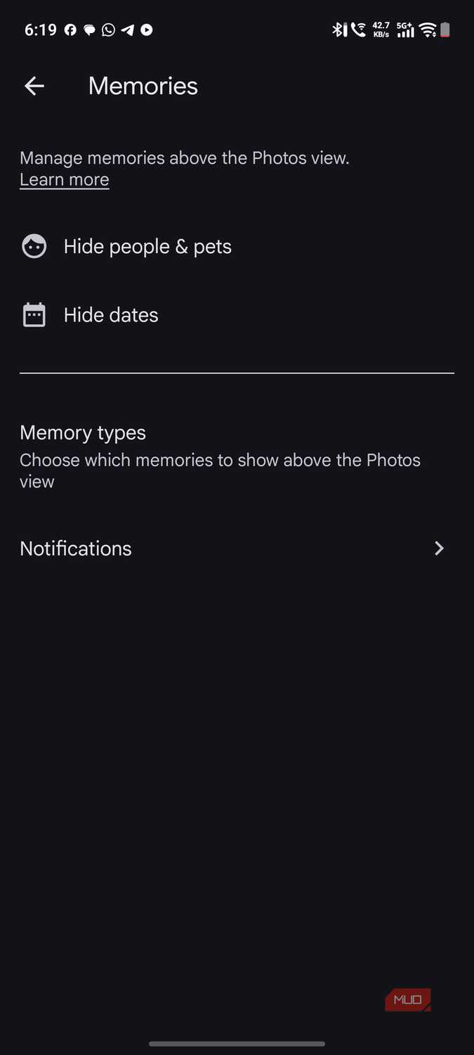 a screenshot of memories options for google photos