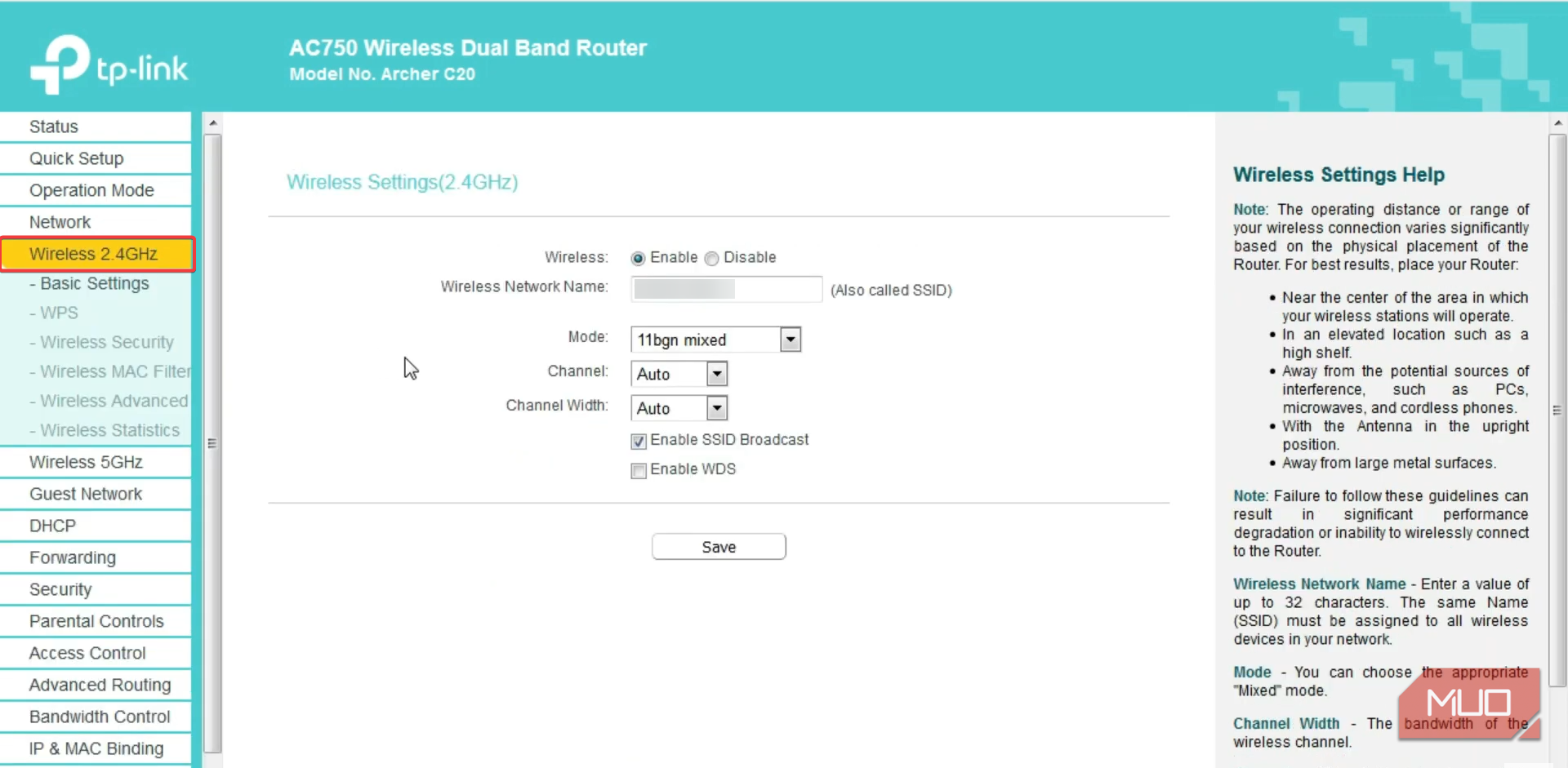 Selecting Wireless 2.4GHz