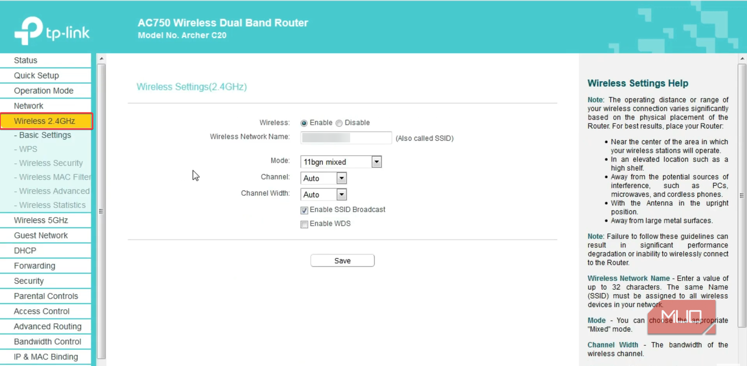 Selecting Wireless 2.4GHz