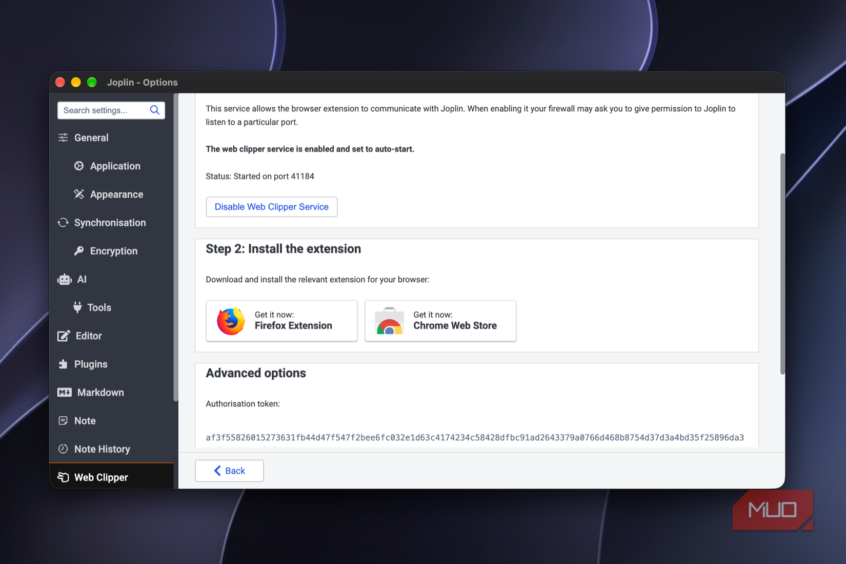 process of setting up Joplin with Claude Code using the web clipper service