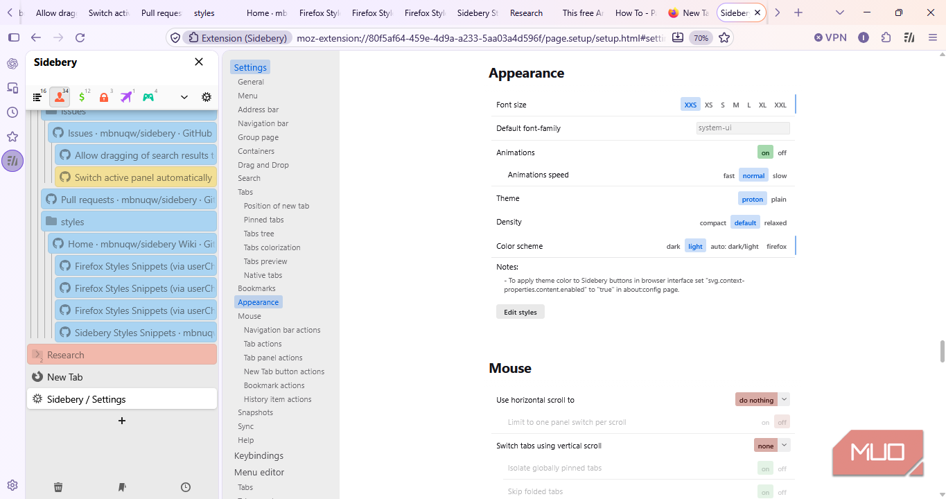 sidebery appearance settings