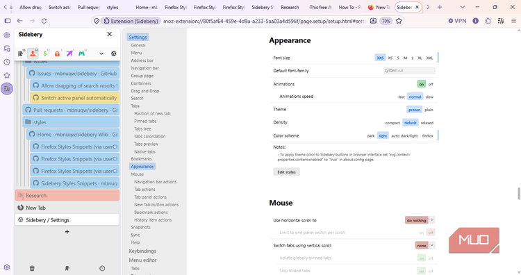 sidebery appearance settings