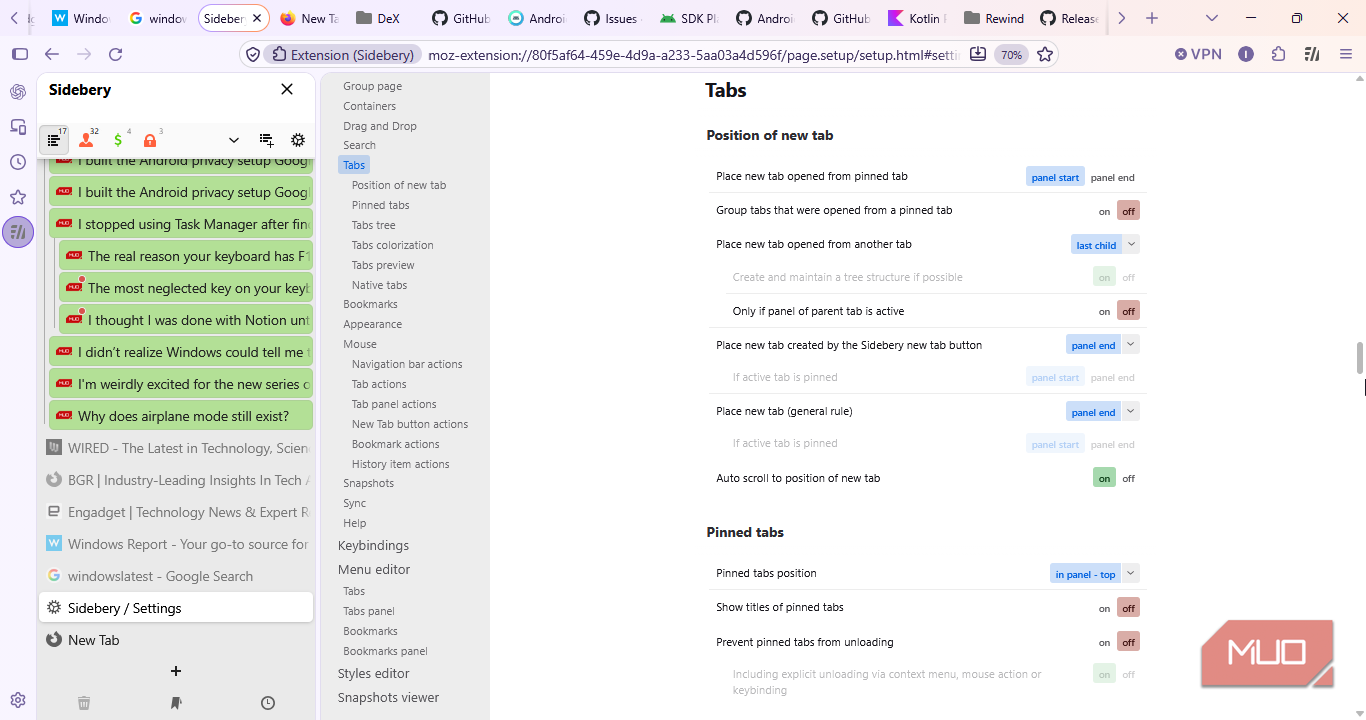 Sidebery where new tabs appear