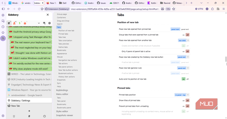 Sidebery where new tabs appear