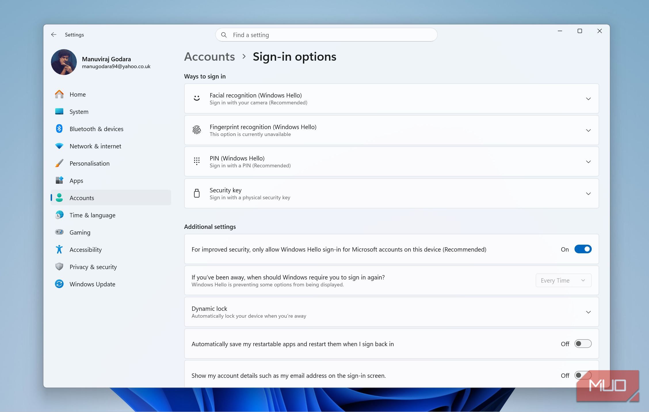 Страница параметров входа и безопасности в Windows