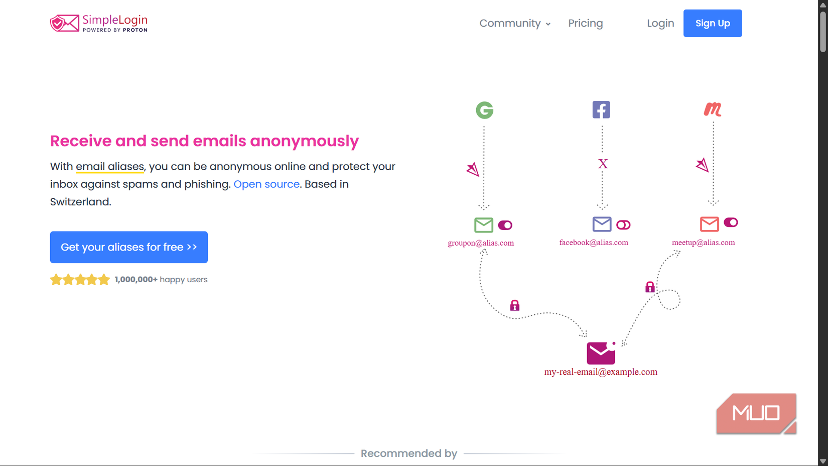 SimpleLogin landing page showing anonymous email service