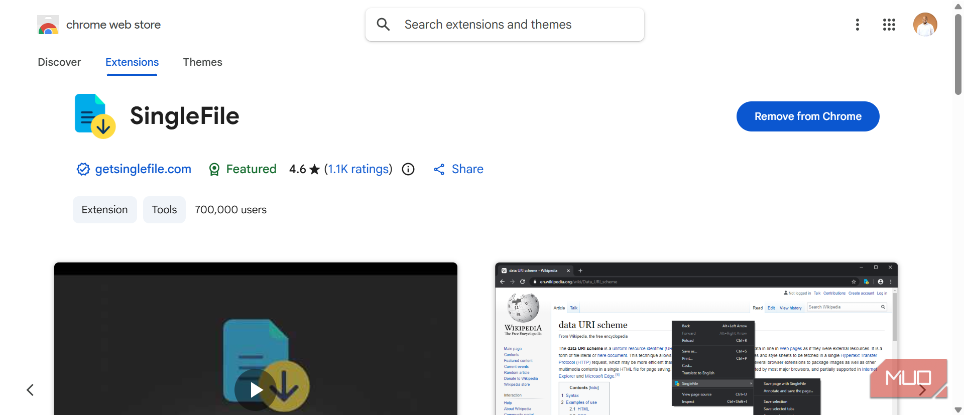 Страница расширения SingleFile в каталоге дополнений Chrome