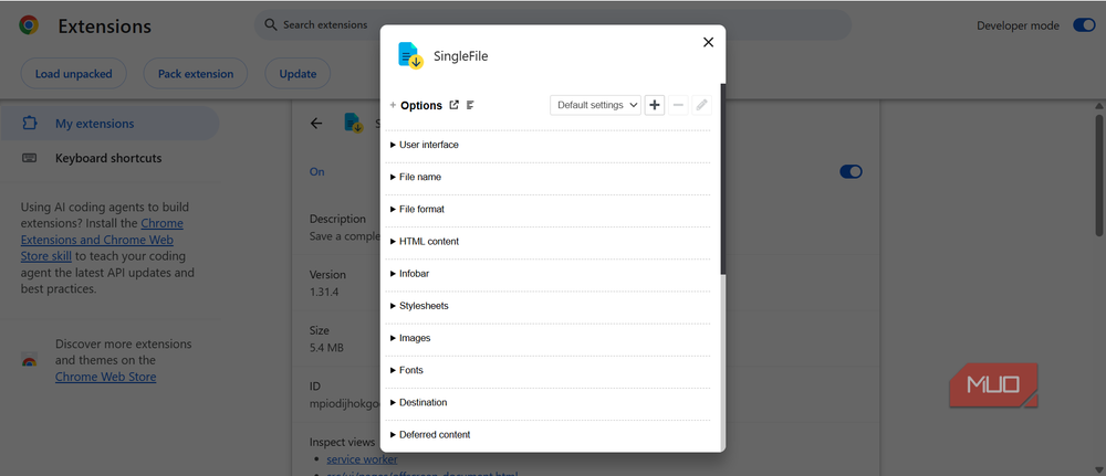 Опции расширения SingleFile Дополнительные параметры и опции расширения SingleFile
