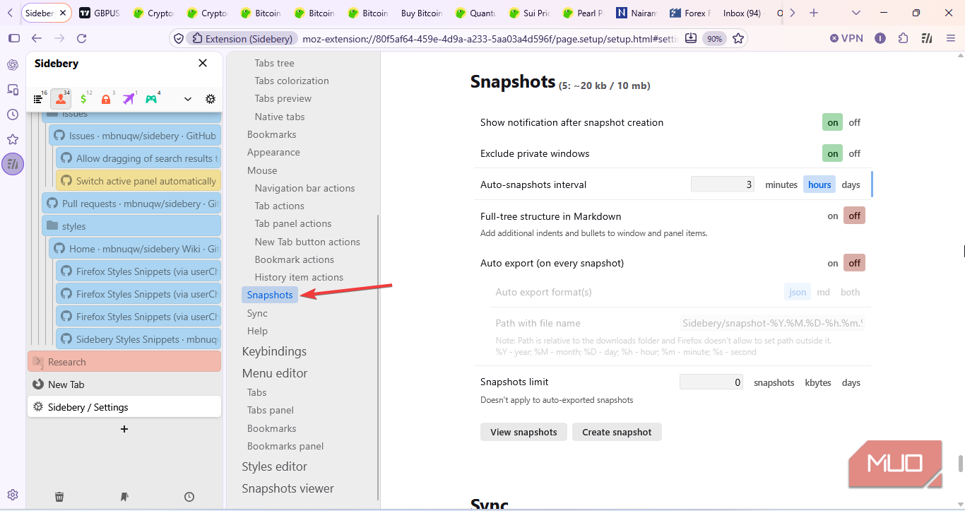 snapshots sidebery settings