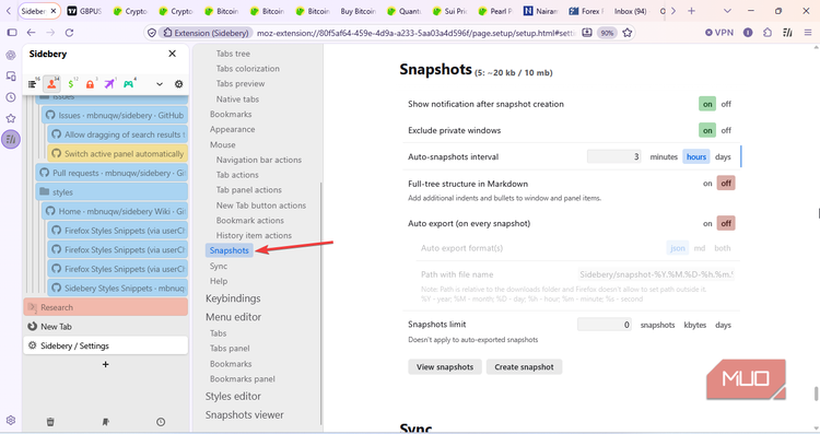 snapshots sidebery settings