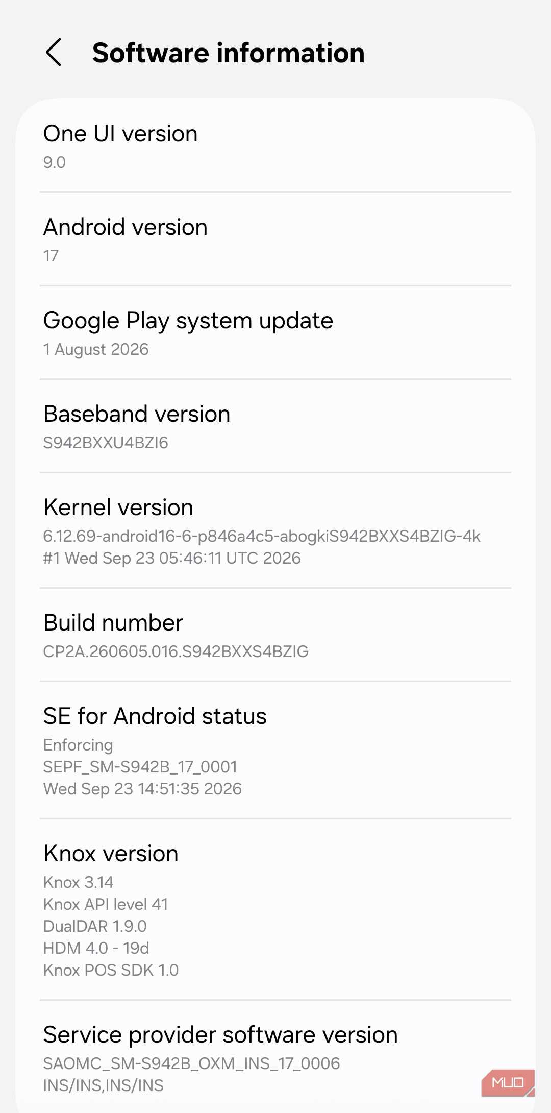 Software information menu on Android
