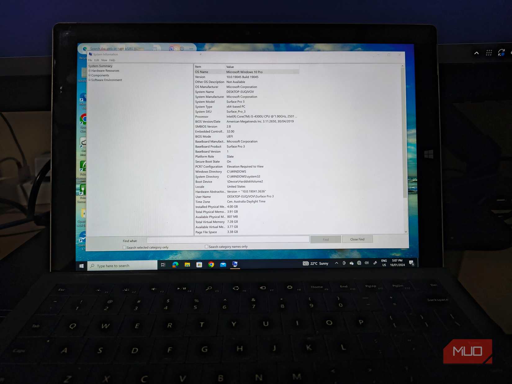 My Surface Pro 3 running Windows 10, with System Information showing its Intel Core i5 processor and 4GB of RAM