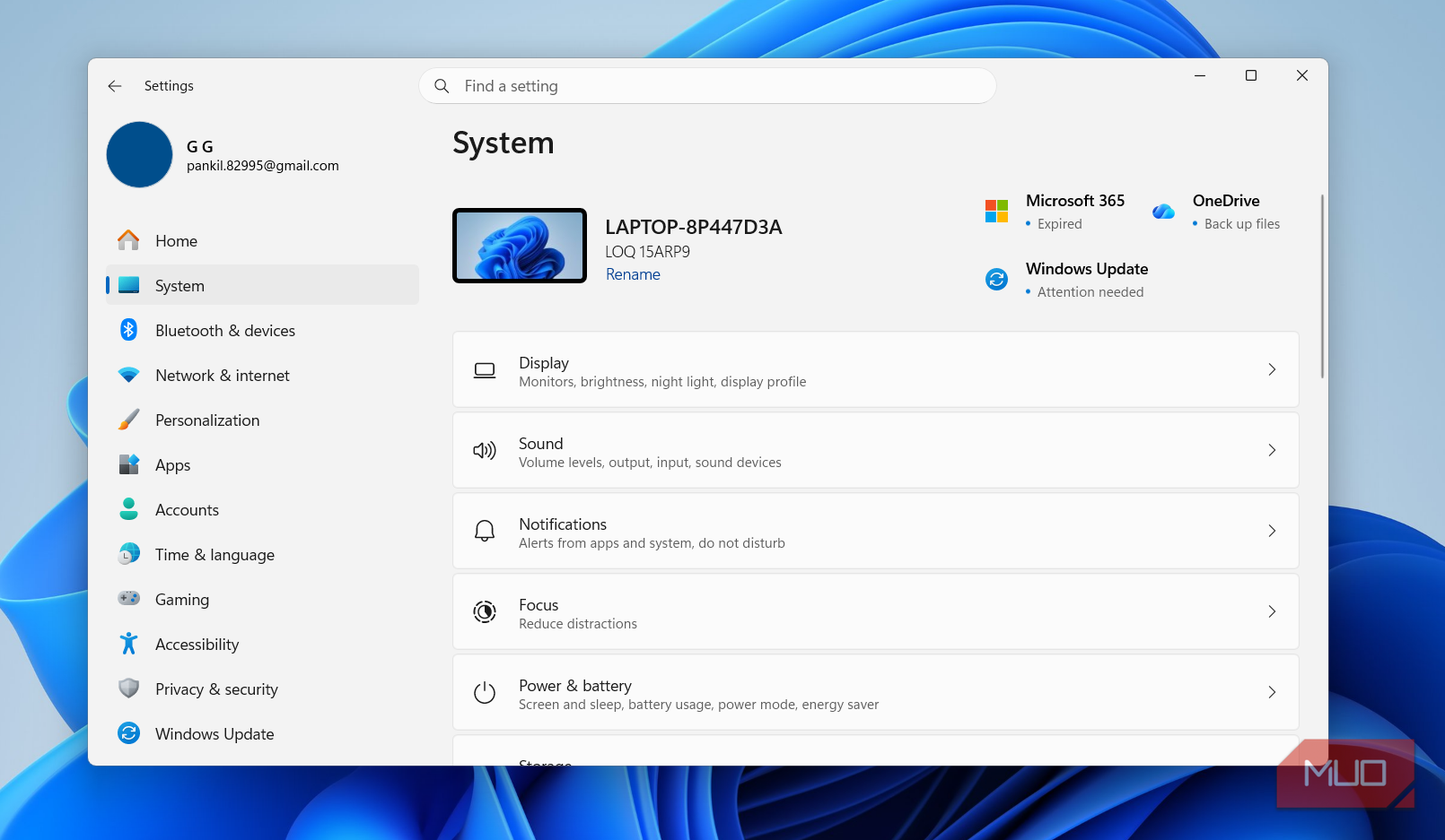 System settings in Windows 11
