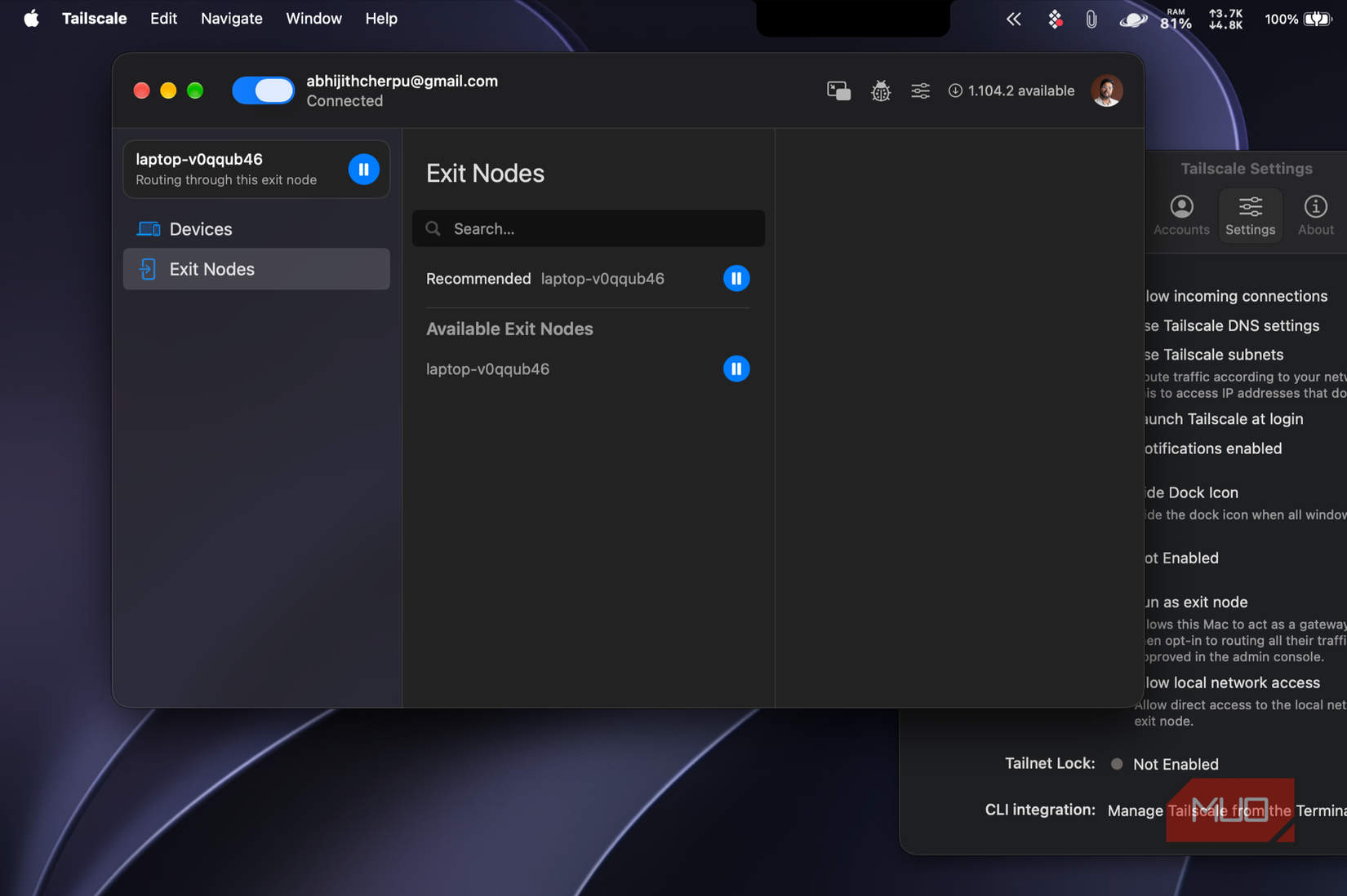 tailscale showing the exit node menu on macOS