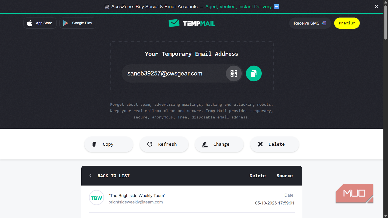 Temp Mail website showing temporary email address