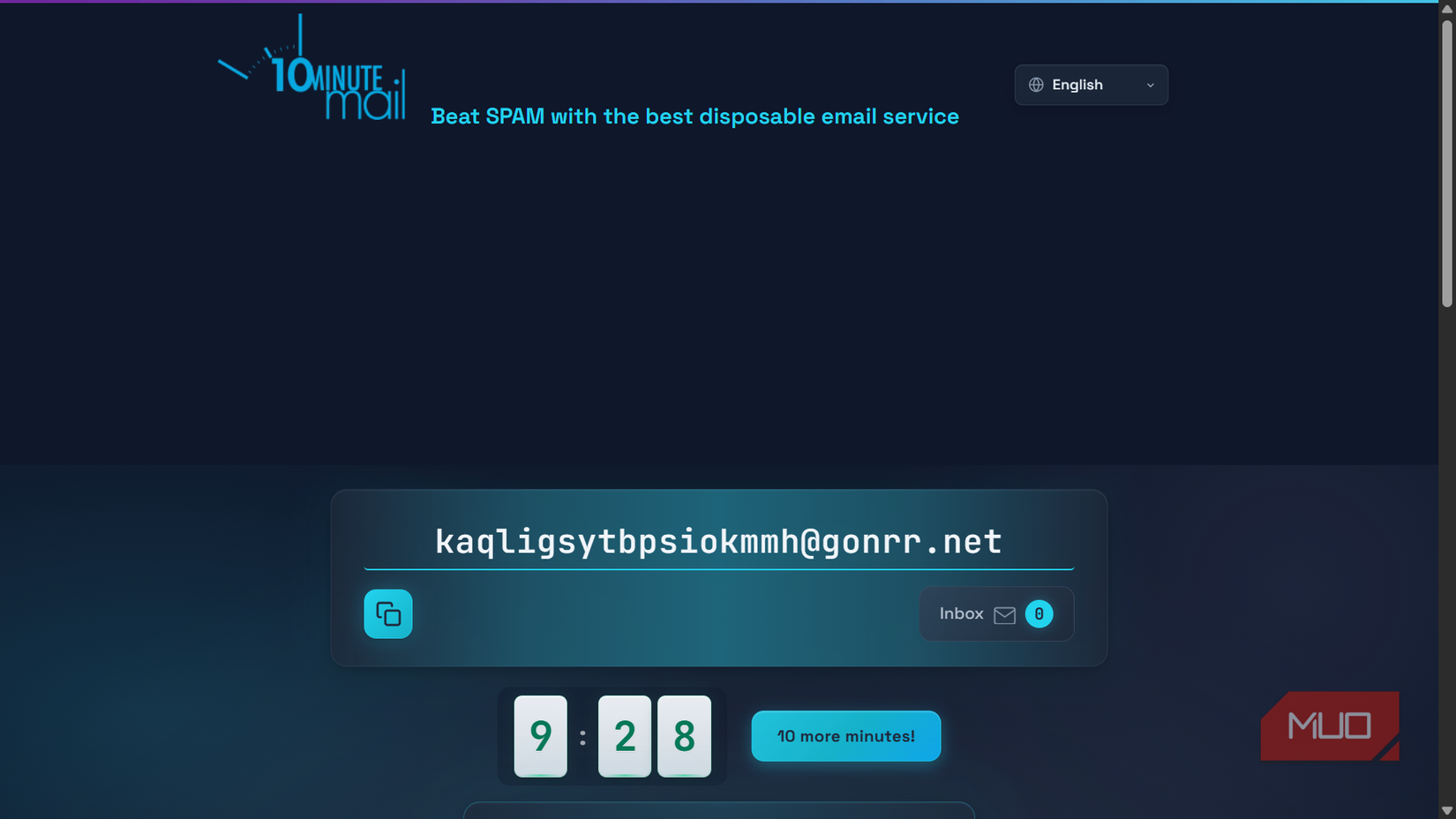 Temporary email address generator website interface