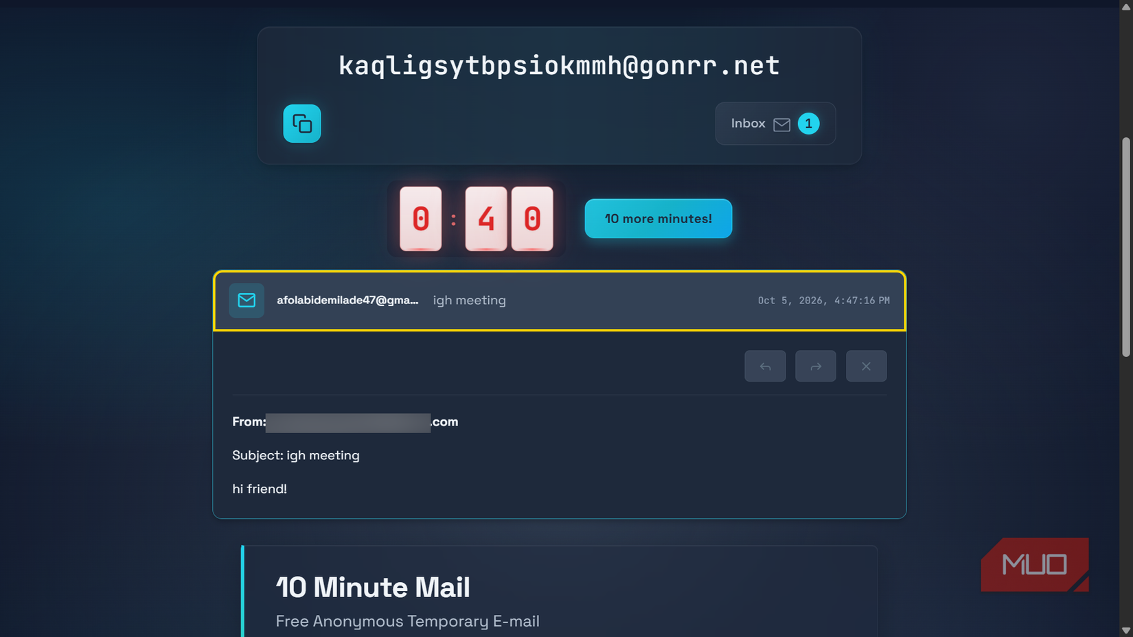 Temporary email service with countdown timer