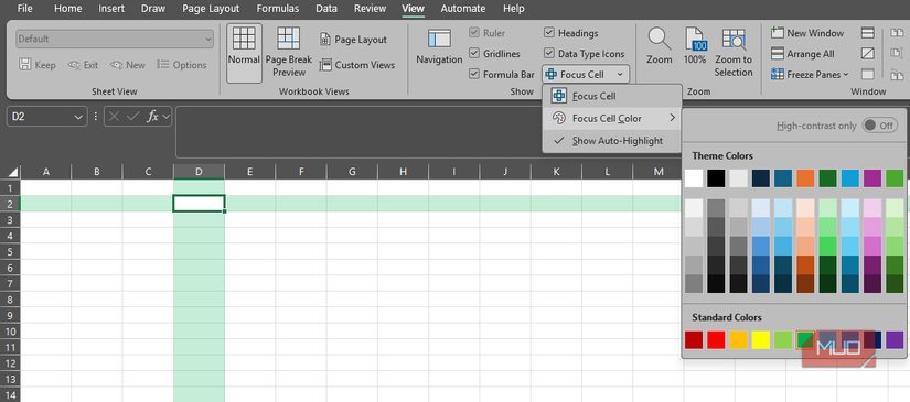 The Focus Cell Dropdown menu in Excel on a desktop.
